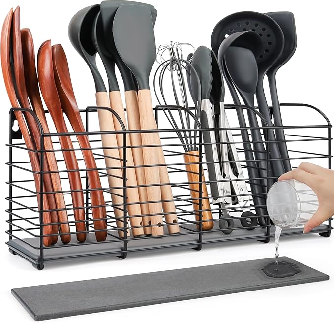 Extra-Large Kitchen Utensil Holder with Diatomaceous Earth Base, 4-Compartment Organizer for Cooking Tools, 15.7"x 6.7"x 4.4", Dries moisture quickly, Aesthetic Matte Black Design for Kitchen Counter