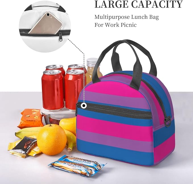 Bisexual Pride Flag Lunch Box Insulated Lunch Bag Portable Zipper Cooler Tote Bag Adult Bento Box for Women Men Reusable Meal Organizer with Adjustable Strap for Work Office Picnic Travel