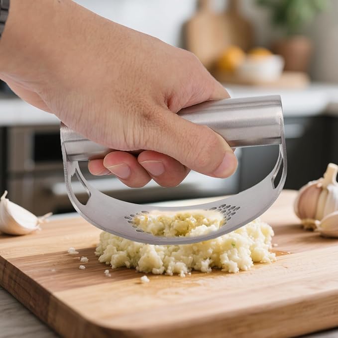 Stainless Steel Garlic Press Set, Includes 2 Stainless Steel Garlic Press Tools 1 Silicone Peeler Tube and 1 Brush Practical Kitchen Gadgets for Easy Smashing