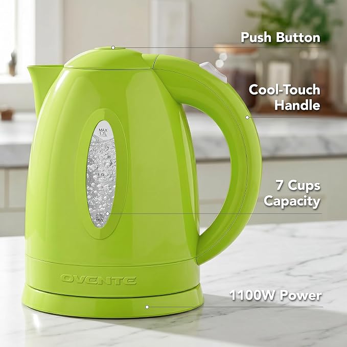 OVENTE Electric Kettle, 1.7L Fast Boiling Water Heater for Coffee or Tea, BPA Free with Water Level Gauge, Auto Shut-Off, Boil-Dry Protection, Indicator Light and Removable Filter, Green KP72G