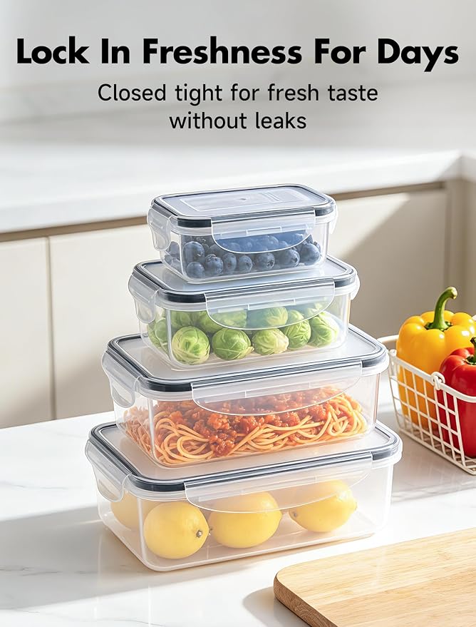 Geedel Food Storage Containers with Lids, Airtight Leakproof Lunch Meal Prep Containers, Stackable Microwave Freezer Dishwasher Safe Plastic Food Containers for Kitchen Organization, Set of 4, Clear