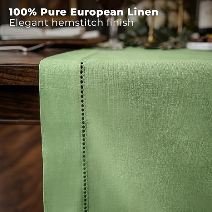 Signature Linen™ by D'Moksha Sage Green Table Runner 120 Inches Long, 100% Pure Linen, Hemstitch, 14 x 120 Inch Table Runner for Dresser, Dining- Summer, Father's Day