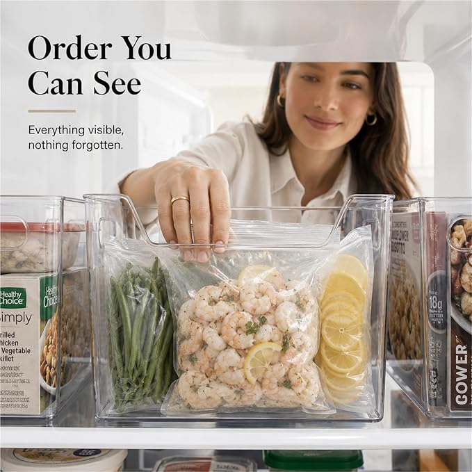 Crystal Clear Freezer Storage Bins, Stackable Kitchen Cabinet Organizer With Handles For Frozen Food, Meat & Veggies, Shelves, Kitchen, Cabinet(4SMALL)