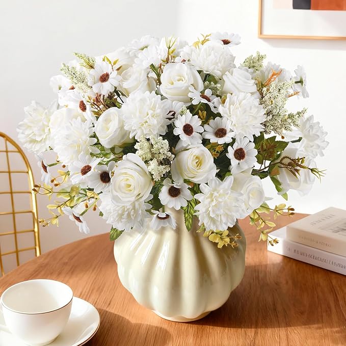 Artificial Fake Flowers for Spring Decoration, 4 Pcs Faux Silk Flower Arrangements Centerpiece for table with Chrysanthemum Rose Daisy Floral Bouquets Office Wedding Patio Porch Indoor Home Decor