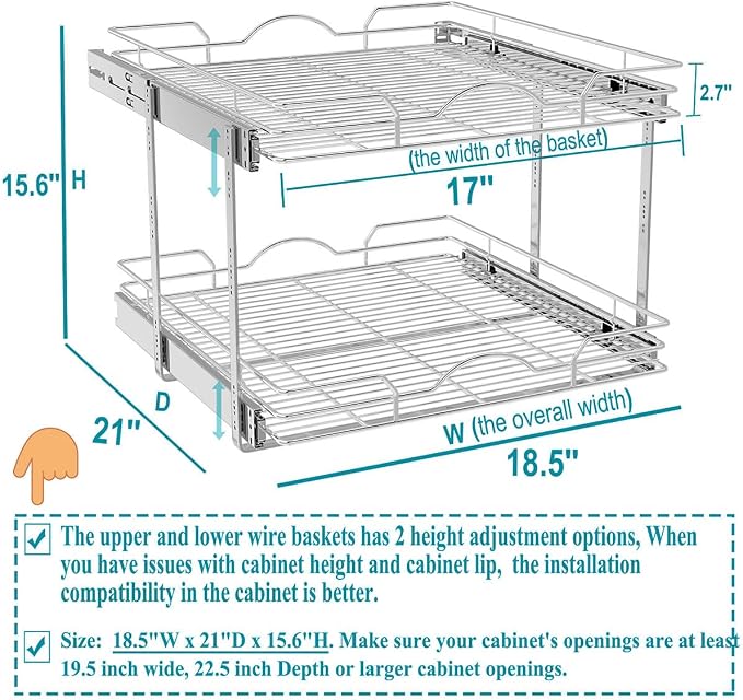 OCG 2 Tier Pull Out Cabinet Organizer (18.5" W x 21" D), Pull Out Drawers for Kitchen Cabinets, Pull Out Shelves for Base Cabinet Organization in Kitchen Bathroom Pantry, Chrome Finish