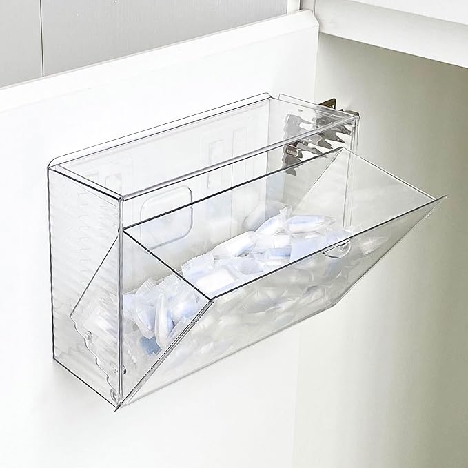 Clear Dishwasher Detergent Pod Holder for Kitchen Cabinet, Plastic Under Sink Storage and Organizer for Lid, Sponge, Coffee Pods, Large Laundry Pods Dispenser Box with Divider