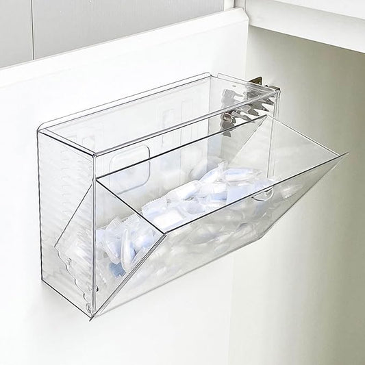 Clear Dishwasher Detergent Pod Holder for Kitchen Cabinet, Plastic Under Sink Storage and Organizer for Lid, Sponge, Coffee Pods, Large Laundry Pods Dispenser Box with Divider