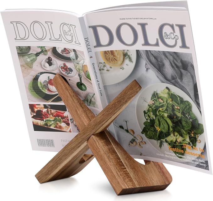 Comfify Acacia Wood Cookbook Stand – 8.5" D × 5" W × 7.36" H | Acacia wood; 8.5"D x 5"W x 7.36"H; two-piece assembly; vintage brown; recipe book, tablet, art display