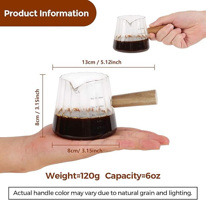 YARRAMATE 6 oz/180ML Glass Measuring Cup with Wooden Handle – Espresso Shot Cups, Ribbed Milk Frothing Pitcher, Dual Scale Markings, V-Shaped Mouth for Easy Pouring (2 Pack)
