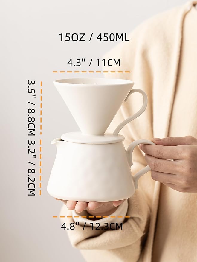 Pour Over Coffee Maker,Ceramic Coffee Maker With 40 pcs Paper Filter，15oz/450ml Ceramic Pour Over Coffee Dripper（Off White）