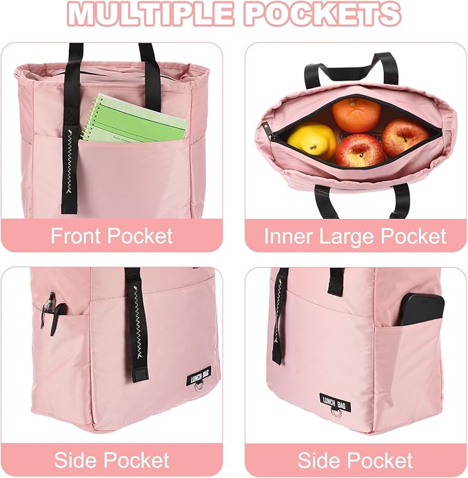 PATIKIL Insulated Lunch Bag Reusable Large Lunch Bag for Women & Men Thermal Lunch Box Leakproof Cooler Tote Bag with Side Pockets for Adults Picnic Office Work, Pink (10.6"x6"x11")