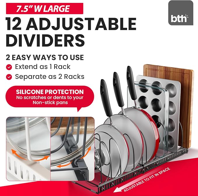 Better Things Home 12 Adjustable Dividers, Pan Pot & Bakeware Rack, Anti-Scratch Silicone Protection, Expand or Separate, Cabinet Countertop Pantry Organizer Rack (Large 8" W, Dark Grey)