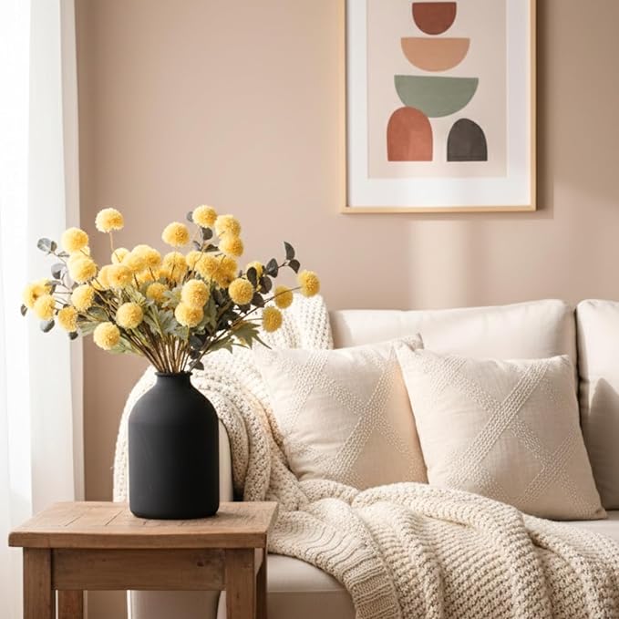 Yellow Flowers Artificial 10 Long Stems Kiku Flower With Eucalyptus, Spring Flowers Decor, Mustard Yellow Decor, Flores Amarillas Artificiales Para Decoracion, Faux Easter Spring Summer Floral Stems
