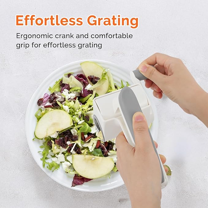 UHIYEE Patented Rotary Parmesan Cheese Grater, Hand Crank Cheese Shredder with Fine & Coarse Drums, Restaurant Quality, White, Stainless Steel & ABS, Dishwasher Safe