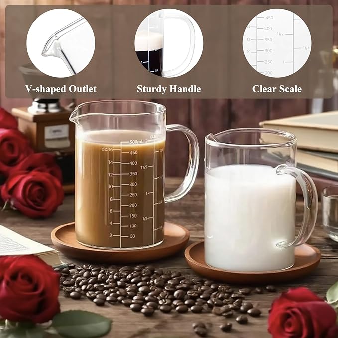 Glass Measuring Cup with Handle, 500 ML High Borosilicate Glass Three Scales (OZ, Cup, ML/CC) easuring Beaker for Kitchen or Restaurant, V-Shaped Spout Glass Measuring Beaker, Easy To Read