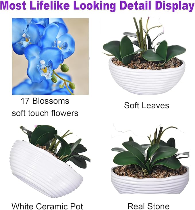 19" H Phalaenopsis Faux Orchid Plant Silk Orchid Centerpiece Artificial Floral Arrangement in Ceramic Pot (Blue)