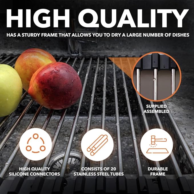 Roll-Up Dish Drying Rack 21"(L) x 16"(W) - Foldable Multipurpose Heat Resistant Large Stainless Steel Kitchen Rollup Dish Drainer Over Sink Mat - Silicone Coated Rims