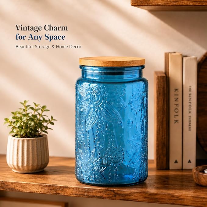 ANSQU Blue Glass Jars, 34oz Vintage Glass Kitchen Storage Counter Jar, Candy Jars with Lids, Decorative Mason Jars Hold Coffee Beans, Tea, Cookie, Sugar, Bath Salts (Blue, 2 Pack)