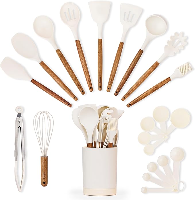 Silicone Kitchen Utensils Set & Holder: Cooking Utensils Set - Kitchen Essentials for New Home & 1st Apartment- Silicone Spatula Set, Cooking Spoons for Nonstick Cookware (Acacia Wood, Cream White)