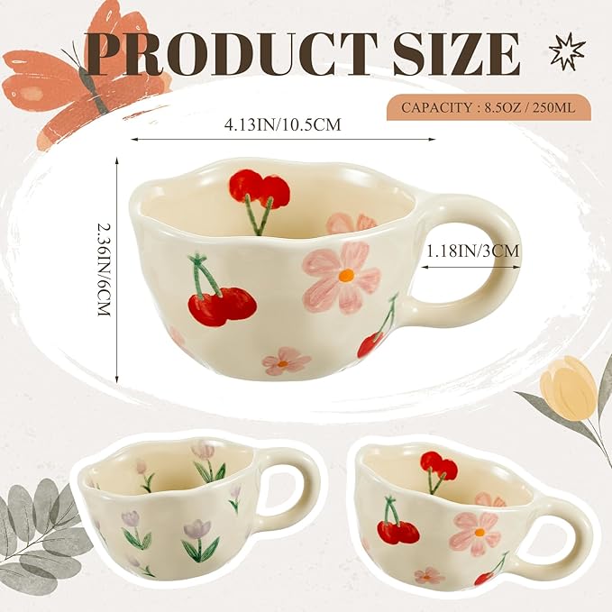 Vesici 2 Pcs Ceramic Coffee Mugs with Spoon, Vintage Floral Spring Mugs with Handle, 8.5 oz Aesthetic Flower Porcelain Tea Cup Set, Dishwasher & Microwave Safe Mothers Day Gifts for Mom(Cute)