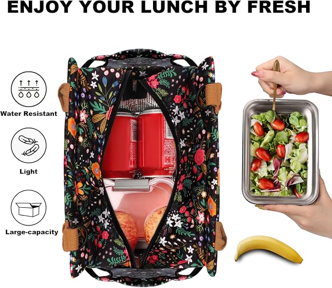 Joymee Lunch Bag Women Leakproof Insulated Floral - Multi-Floral | Large Capacity, Bottle Holder & Side Pockets, Leakproof Insulated Design, for Work, Travel, Picnic & Daily Use, for Adult
