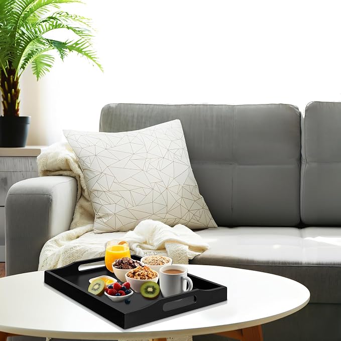 RRX Bamboo Food Serving Tray with Handles,Breakfast Bed Tray (Black) | Wood Tray for Tea, Snack, Dinner, Home Decorative Storage Food, Platter, Ottoman for Kitchen Counter, Bathroom, Restaurant