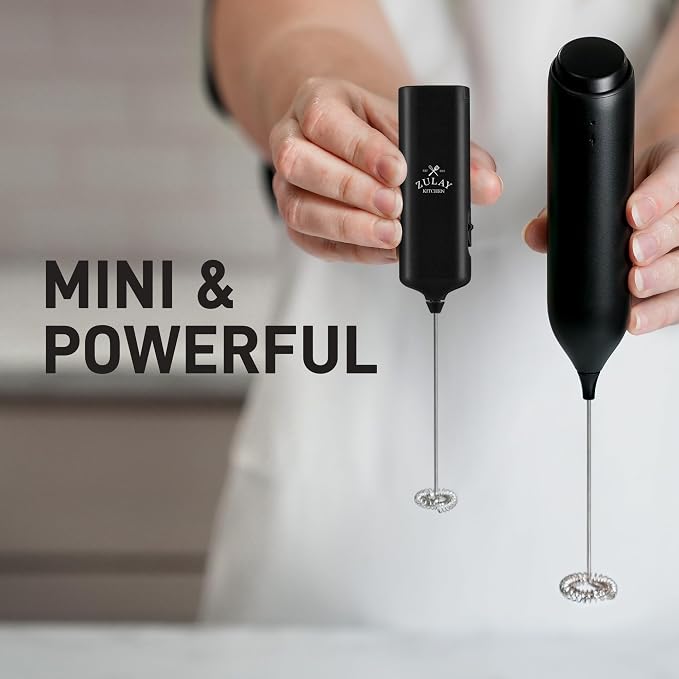 Zulay Kitchen Mini & Mighty Milk Frother Wand – Powerful Handheld Coffee Frother, Battery Operated Drink Mixer – Compact Pocket Size – Detachable Whisk for Latte, Matcha, Hot Chocolate – Black