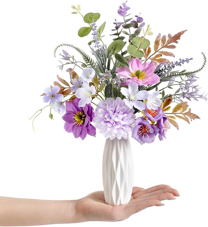 Small 11.8" Artificial Flowers in Ceramic Vase - Purple Silk Flower Centerpiece for Dining Table, Office, Wedding & Farmhouse, Home Decor Gifts