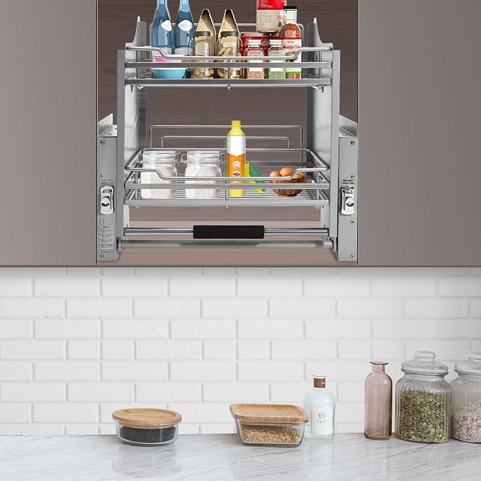 Cabinet Pull-Down Shelf, Pull-Down Dish Rack, 2-Tier Pull down Shelf Organizer for Kitchens Bars Cafes & Storage Rooms