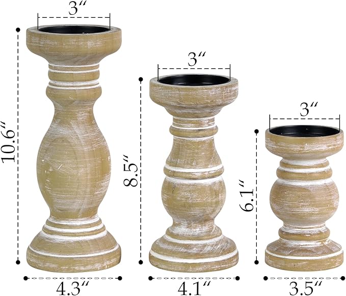 NIKKY HOME Rustic Pillar Candle Holder Set of 3 - Farmhouse Wooden Candlestick Stand for Mantle, Fireplace, Living Room, Brown