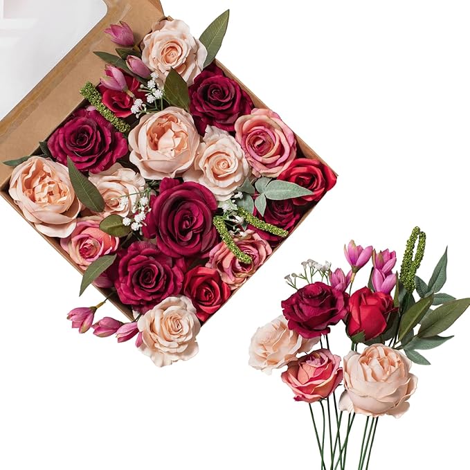 FANKO Artificial Flowers for DIY Bouquet, Burgundy Pink Champagne Faux Rose, Fake Flower Rose Peony for Vase, Floral Arrangement, Centerpieces, Wedding, Home Decor, Party Decoration
