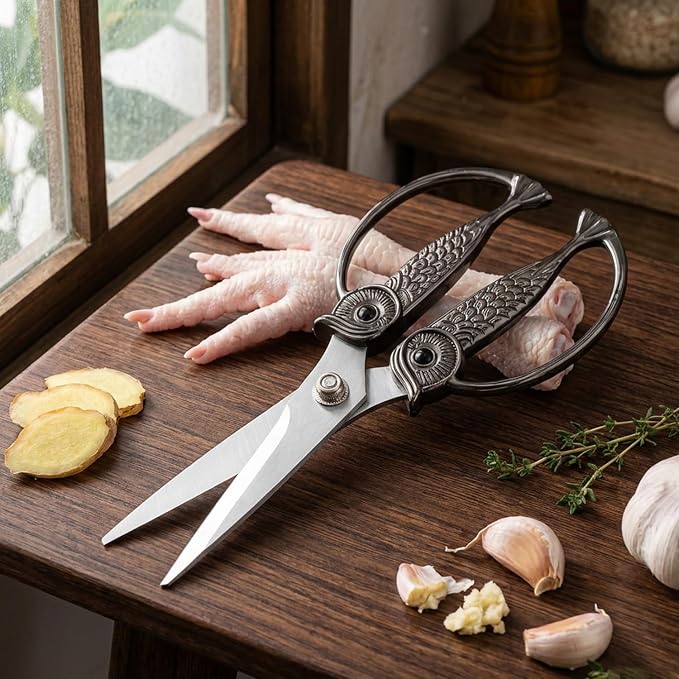 WARMHEART Owl Kitchen Scissors All Purpose, Stainless Steel Heavy Duty Sharp Shears for Meat, Chicken, Fish, Poultry, Herb, Bread (Bronze, Medium)