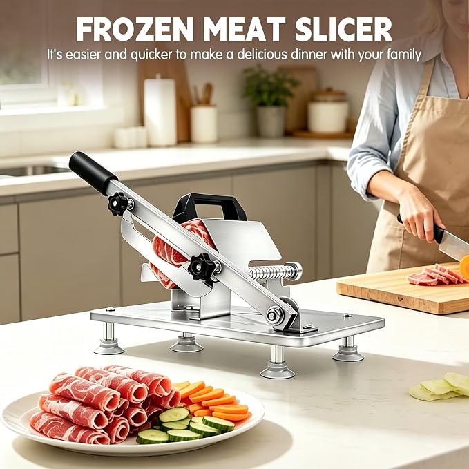 Manual Meat Slicer Frozen Meat Cutter Upgraded Stainless Steel Meat Cleavers Beef Mutton Roll Slicing Machine Vegetable Meat Slicer for Home Cooking Hotpot Shabu CNH2(Silver,16.7"x6.7")