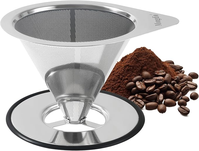 Mongdio Pour Over Coffee Dripper, Stainless Steel Coffee Dripper, Reusable Metal Coffee Filter, Double Mesh Design of Pour Over Coffee Maker with Removable Base, 1-2 Cups