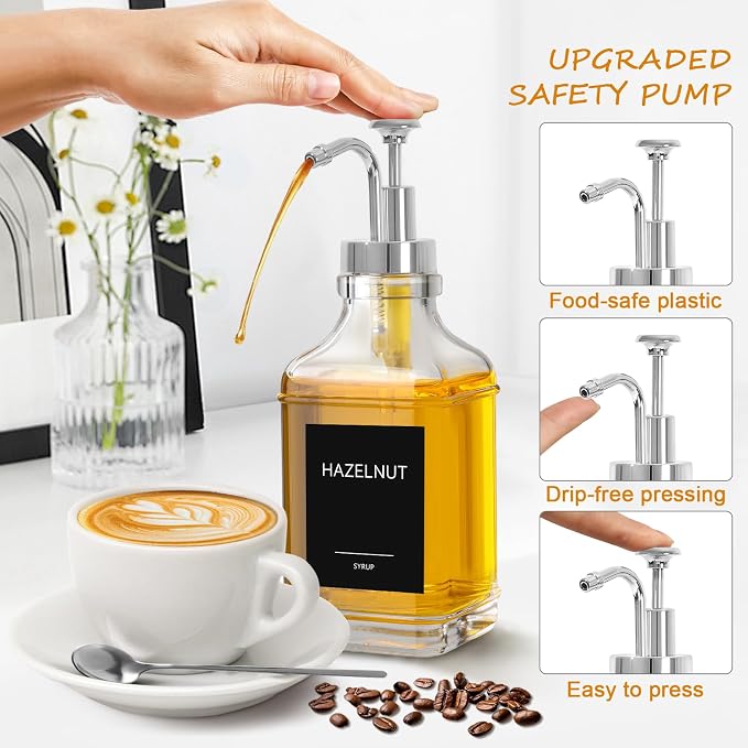 16.9 fl oz/500ml Coffee Syrup Dispenser Set, Coffee Bar Accessories, 4 Glass Bottles with Silver Pumper and Syrup Labels,Syrup Dispenser for Coffee Bar with Spoons,4 Pack