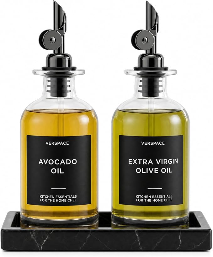 Verspace - Clear Glass Olive Oil Dispenser Bottles For Kitchen With Silicone Tray - 2 Pack - 12oz Includes 40 Labels, Soy Sauce Dispenser, Coffee Syrup Dispenser, Olive Oil Bottles Set Of 2, Black