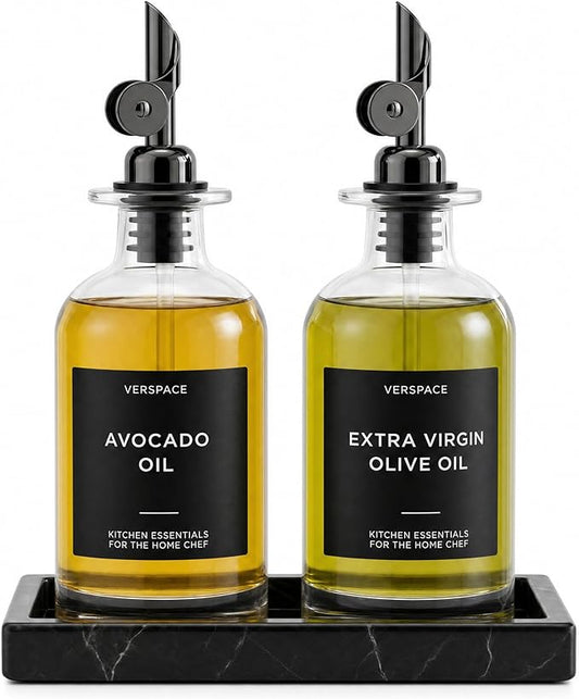 Verspace - Clear Glass Olive Oil Dispenser Bottles For Kitchen With Silicone Tray - 2 Pack - 12oz Includes 40 Labels, Soy Sauce Dispenser, Coffee Syrup Dispenser, Olive Oil Bottles Set Of 2, Black
