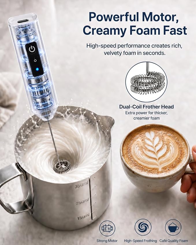 Electric Coffee Frother Handheld, USB Rechargeable Coffee Mixer Wand with Stand and 350ml Milk Frother Cup, Whisk Set for Latte Art, Cappuccino, Espresso