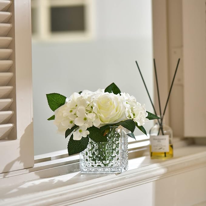 Fule Artificial Silk Rose Flower Centerpiece Arrangement in Glass Vase with LED Light for Home Wedding Decoration (White)