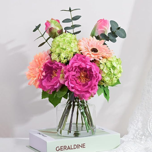 Livole Artificial Fake Flowers with Vase Silk Faux Flowers Arrangements in Glass Vase with Faux Water Centerpiece Table Decorations for Dining Room Home Office Shelf Wedding Decor（Fuchsia Pink）