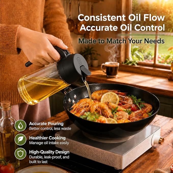 Oil Sprayer for Cooking, 2 Pack Olive Oil Sprayer Bottle, 16oz Glass Oil Dispenser for Kitchen, Fine Mist Spray & Pour, BPA-Free, Refillable, Leakproof, Air Fryer, Salad, BBQ & Cooking