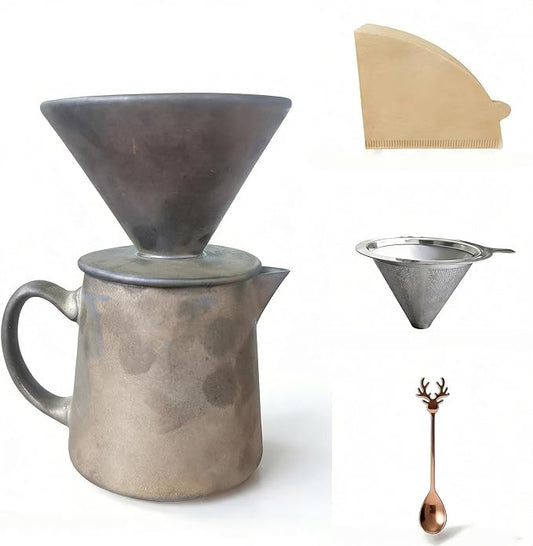 Pour-Over Coffee Pot, Vintage Ceramic Coffee Pot with Stainless Steel Coffee Filter, 40 Filter Papers, Stainless Steel Spoon, 15.9 oz/470 ml Pour-Over Coffee Filter Set