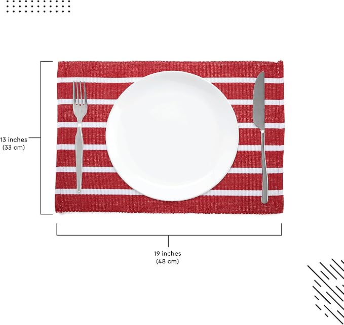 Encasa XO Dining Placemat Set of 6 | Roma Red Stripes Color | Fine Ribbed Cotton Table mat | Size 19x13 in | Machine Washable