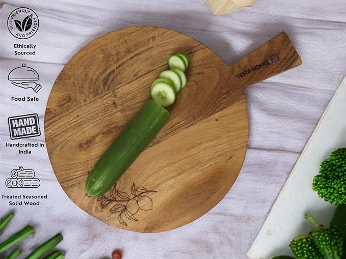 Vesta Homes Wooden Round Cutting Board | 17.5 * 13 Inches | Chopping Board/Serving Board, Platter for Pizza, Vegetables, Fruits and Cheese | Natural Acacia Wood | Handcrafted in India