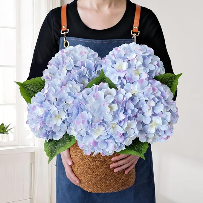 JINWOE Silk Hydrangea Artificial Flowers, 5Pcs 20Inch Large Lifelike Silk Artificial Hydrangeas, Full Fake Flowers for Bouquet Table Centerpieces Wedding Indoor Home (Taro Purple)