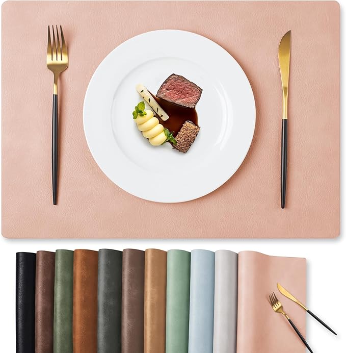 MOSAYT Vinyl Placemats Set of 4-12 X 17 Inch - Faux Leather 100% Waterproof Oil-Proof Wipeable PU Place Mats, Heat Resistant Reversible Table Mats for Kitchen, Dining, Outdoor, Pink