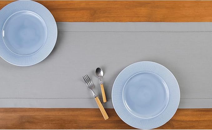 Solino Home Cotton Linen Light Grey Table Runner 132 Inches Long - Hemstitch 14 x 132 Inch Table Runner for Spring, Summer