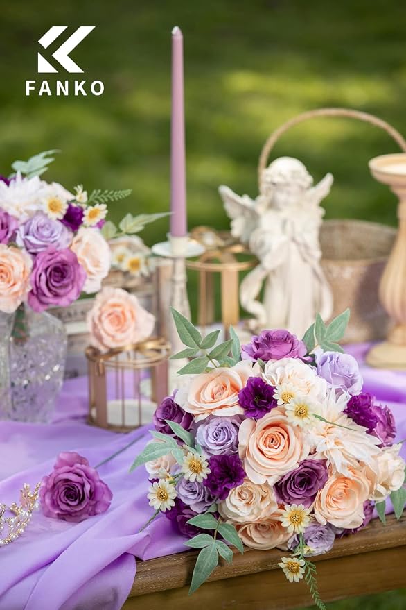 FANKO Artificial Flowers for DIY Bouquet, Purple Mauve Faux Rose, Ivory Peach Fake Flower Rose Dahlia Daisy for Vase, Floral Arrangement, Centerpieces, Wedding, Home Decor, Party Decoration