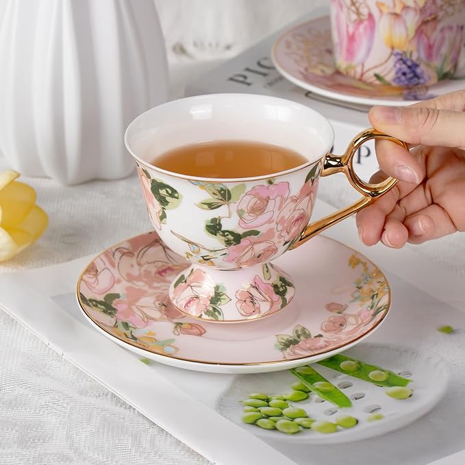 KAMMAK Tea Cups and Saucers Set of 2, Fine Bone China Coffee Cups, Stackable Espresso Mugs, Ceramic Demitasse for Coffee, Cappuccino, Latte, Americano, Tea, Wild Rose