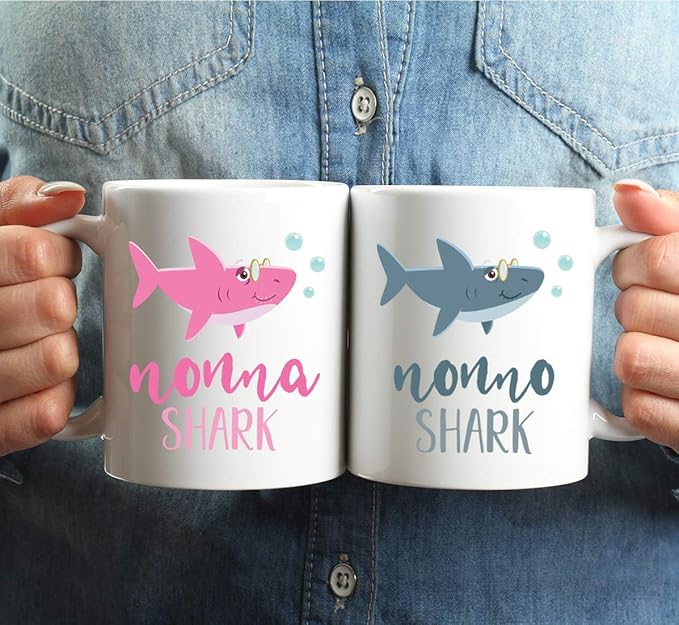 Andaz Press Baby Shark Family 11oz. Coffee Mug Gift Set, Nonna Shark, Nonno Shark, 2-Pack, Shark Do Do Do Gift Idea Birthday Christmas Gifts